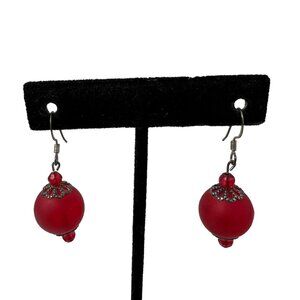Red Lucite‎ Ball Earrings Silver Tone Wire Pierced Dangle Drop